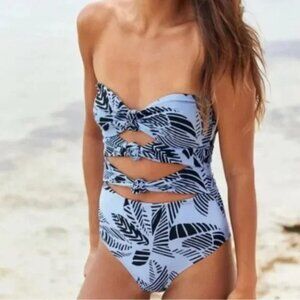 Aerie Cheeky High Cut Strapless Triple Knot One Piece Swimsuit Blue Leaf Medium